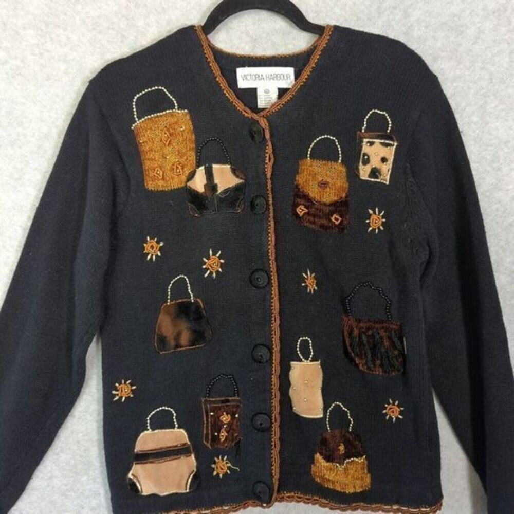 Victoriaโ Harbour Womens M Cardigan Sweater Black Purses Fur Applique Beaded